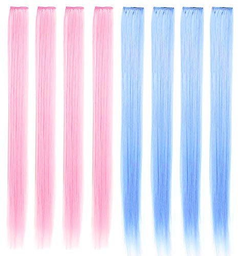 MQY COLOR 8 PCS 21'' Bunte Haarschmuck Perückenteile Clip in Farbige Haarverlängerungen für Mädchen Party Highlights Synthetische Bunte Haarteile für Mädchen Damen (hellblau hellrosa)