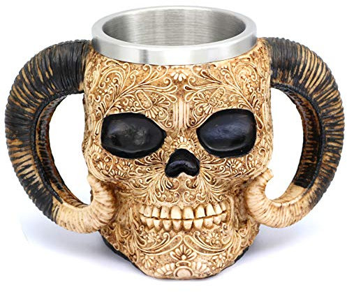 GuoShuang Edelstahl-Tasse mit Totenkopf-Motiv, Wikinger-Widder, Kämpfer-Bier, Ziegenhorn, Harz, Krug, Kaffeetasse, Teetasse, Halloween, Bar, Geschenk, 550 ml