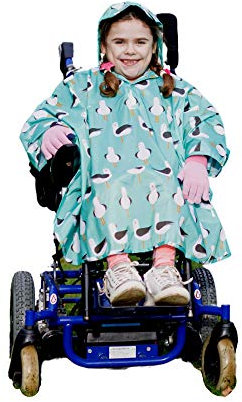 BundleBean - Kinder-Rollstuhl-Poncho – kommt mit Packsack – universelle Passform, Schirmhaube, einfache Druckknöpfe unter Kinn und Armen – wasserdichter Regenponcho für Kinder von 4–11 Jahren (Möwen)