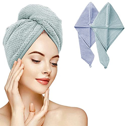 Haarturban, Turban Handtuch Mikrofaser Trocknen Haartuch Wickeln, Soft Super Saugfähig Schnelle Trockene Haartücher Turban mit Knopf 2 Stück Baddusche Haarhandtuch