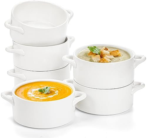 SOUJOY 6 Stück französische Zwiebel-Suppenschüsseln, 625 ml, Porzellan, Serviersuppenschalen mit Griffen, ofenfeste Töpfe für Suppe, Müsli, Kühlen, Topfkuchen, Rindfleischeintopf