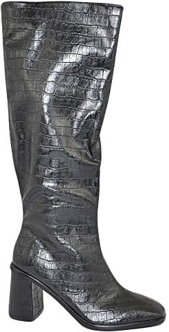 Stivali Donna Corina a Punta Quadrata Neri Fatti a Mano in Spagna Gambale Stretto Tacco Largo 5 cm Stampa Cocco (37 EU)