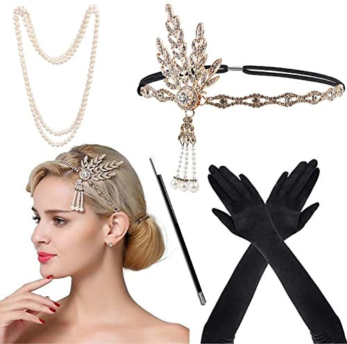 Meiruier 1920 Zubehör-Set, 1920er Jahre Mode Stirnband Halter Lange Handschuhe Perlenkette Great Gatsby Accessoires für Frauen, Charleston Fancy Set (Style-1)