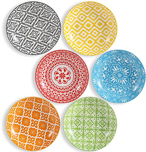 AHX Ceramic Pasta Bowls - 8 Inch Ceramic Salad Bowl Set of 6 - Wide and Shallow Soup Plates - Colorful Patterns - Microwave and Dishwasher Safe - 23 oz