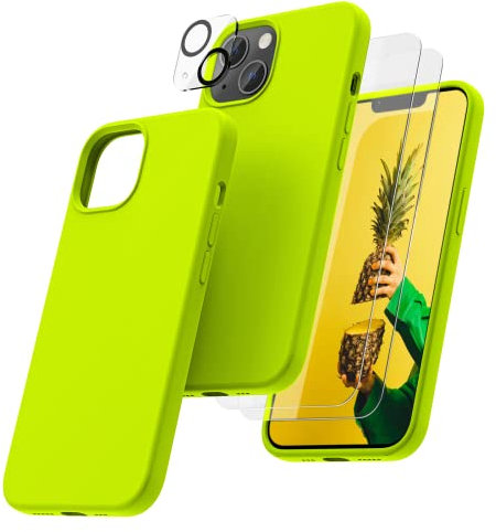 OIIAEE [5-in-1 for iPhone 13 Case 6.1,Liquid Silicone case with 2 Pack Screen Protector & 2 Pack Camera Protector, Ultra Slim Shockproof Soft Anti-Scratch Microfiber Lining—Fluorescent Yellow