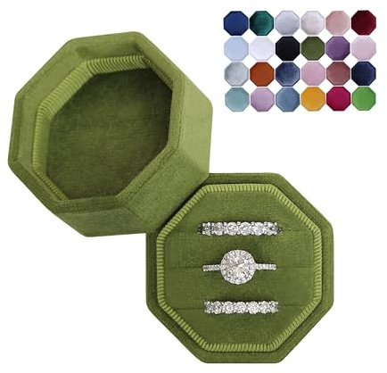 BLUTETE Schmuckkästchen mit 3 Fächern, Samt, für Verlobungsringe, Hochzeit, Erinnerungsbox, Brautschmuck, Fotoring, 3 Fächer, achteckig, Olivgrün