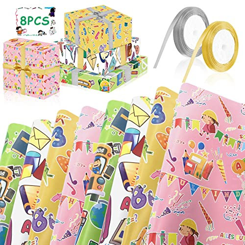 TOPJOWGA Geschenkpapier, 8 Stücke Schulanfang Geschenkpapier mit 2 Rollen Band, 70 x 50 cm Einschulung Geschenkpapier, ABC Schulkind Geschenkverpackung, DIY Wrapping Paper Geschenkpapier Mädchen Junge