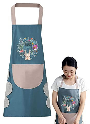 Dish Washing Apron | Cartoon Bunny BBQ Apron with Side Towels | Kitchen Apron with Waterproof Bib Kitchen Aprons for Baking, blue, One size