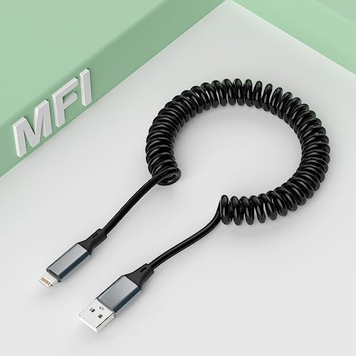 Lightning Spiralkabel Kabel, Apple Carplay Kompatibel & MFi Zertifiziert, Apple Carplay Kabel mit Datensynchronisation, kurzes iPhone Kabel für iPhone/Pad/Pod