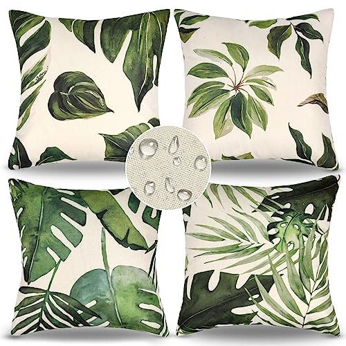 4er Set Dekorativ Kissenbezüge Outdoor Wasserdichte Kissenhülle Grüne Blätter Motiv Dekor Kissenbezug Leinen Landhausstil Dekorative für Sofa Couch Auto Wohnzimmer Schlafzimmer (C, 40x40 cm)