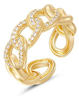 KissYan Gold Ring for Women, 14K Gold Plated Adjustable Open Chunky Finger Rings Chain Link Twisted Band Rings Dainty Cubic Zirconia Trendy Jewelry Gifts(26)