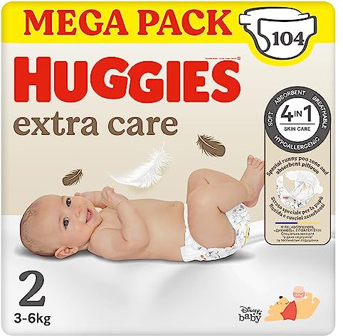 Huggies Extra Care Bebè, Windeln Größe 2 (3-6 kg), sehr saugfähig, Disney-Design, Mega-Pack, 104 Stück