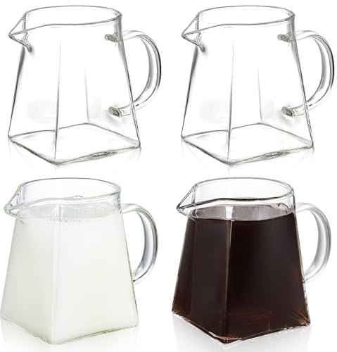 Yarlung 4-Pack Small Glass Pitcher, 12 Oz Clear Creamer with Handle, Creative Coffee Milk Pitcher Tea Fair Cups for Table Serving, Square Base
