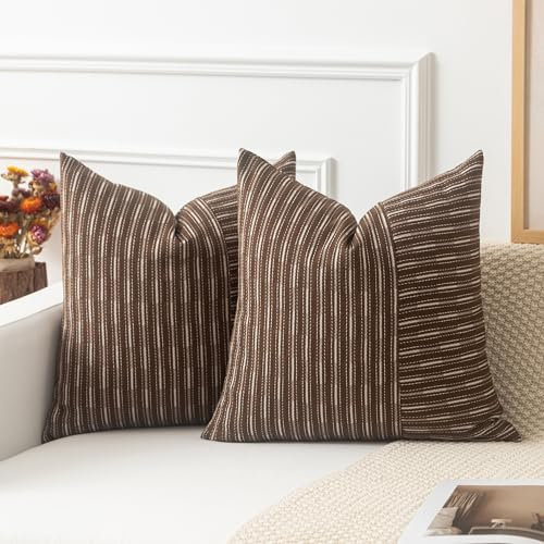Kevin Textil-Kissenbezüge aus Leinen, gestreift, Patchwork-Muster, 50,8 x 50,8 cm, 2 Stück, moderne Akzente, quadratische Kissenbezüge für Couch, Stuhl, Schlafzimmer, Herbstdekorationen