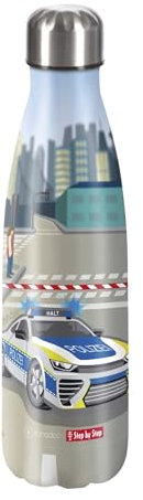 Step by Step Isolierte Edelstahltrinkflasche „Police Car Cody blau - grau, Polizei, für kohlensäurehaltige Getränke, auslaufsicher, Schraubverschluss, 100% recycelbar, Schule & Freizeit, 0,5 Liter