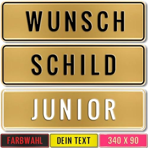 Kennzeichen Junior Schild 34cm x 9cm mit Wunschtext Wunschprägung Namenskennzeichen Namensschild 340x90mm Bobbycar Gokart Tretauto Kettcar Fun Schild (Gold)
