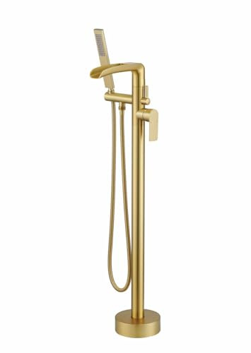 XJTNLB Robinet sur Pied Pour Baignoire Mitigeur Douche Robinet de Baignoire Cascade Robinet Pivotant Mitigeur Monocommande Bain,Or Brossé