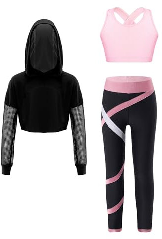 FEESHOW Kinder Trainingsanzug Mädchen Sport BH Und Leggings Set Mit Hoodie Kinder Workout Sport Outfit Jazz Dance Tanzkleidung Hip Hop Kleidung Rosa_A 170