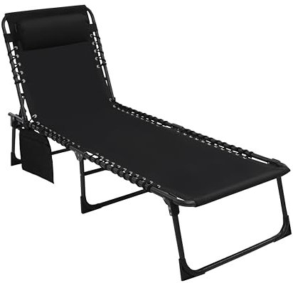 Yardenaler Tumbona plegable con almohada desmontable y bolsillo, silla de bronceado portátil para exteriores con respaldo ajustable de 4 posiciones, patio, playa y piscina, color negro