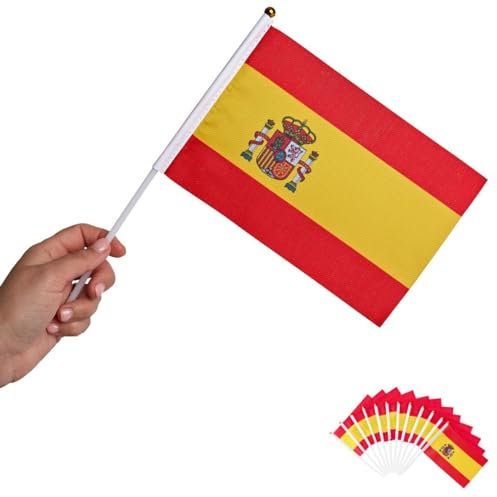 Runesol Pack de 12 - drapeaux à main Espagne, 14x21cm, Mini drapeaux du monde, drapeaux espagnol, petits drapeaux sur bâtons, décorations de fête, événements, célébrations, Spain Handheld flags