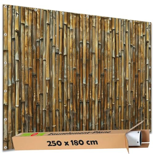 TRIOSK Sichtschutz Garten Deko Zaun Plane Blickdicht groß mit Zaunblende Motiv Bambus Stäbe Optik für Zaunelement Doppelstabmatten Stabmattenzaun Gartenzaun PVC 250x180 cm Braun