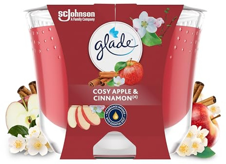 Glade Bougie Vegan Longue Durée - Parfum Infusé Huiles Essentielles - Nouvelle Formule Sans Huile De Palme - Cosy Apple & Cinnamon - 1 Bougie