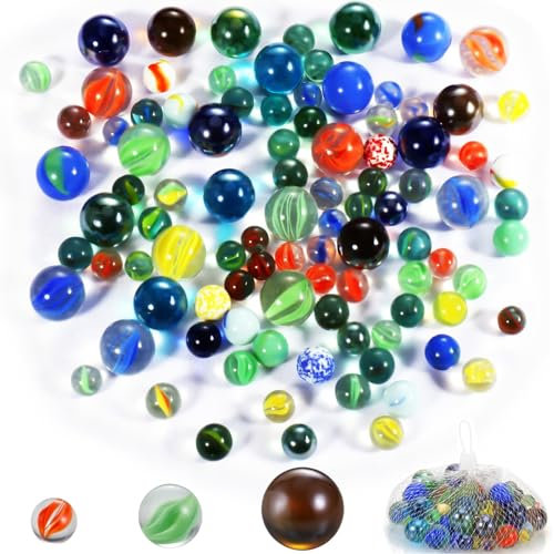 Yimomoyi 100 Stück Glasmurmeln, Bunte Murmeln für Kinder, Glasmurmeln Groß Sind Ungefähr 25mm, 16mm und 14mm, Murmeln Glas für Marmorbahn-Spiel Murmelbahn-Zubehör Pflanzendekoration Und Heimdekoration
