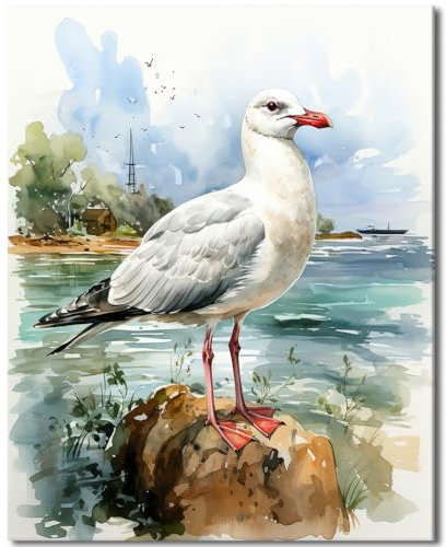 TISHIRON DIY Farbe nach Zahlen Kit Erwachsene Anfänger, Möwe Blau Meer Landschaft Farbe nach Zahlen Kits, Ölgemälde Kit mit Pinseln und Pigment Geschenk Home Wall Decor 16x20 Zoll ohne Rahmen