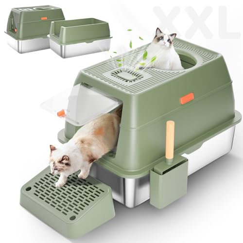 Arenero Acero Inoxidable Gatos XXL, Arenero Gatos Cubierto, Caja de Arena Abierta con Pala de Metal, Alfombrilla de Doble Capa, Borde Alto, Caja Grande para Gatos Grandes - Verde