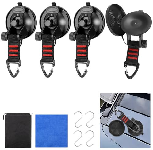 4Pcs Heavy Duty Suction Cups, Suction Cup with Dustproof Cap, Vacuum Window Suckers Incl Wiper and S-hooks, Awning Suction Cups, Versatile Suction Cup Hooks for Camping Awning Car Glass Tile