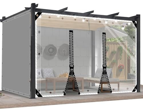 AMXFS Outdoor Vorhang mit Ösen Wetterfest Plane aus PVC H3,0m*L3,4m Windschutz Regenschutzplane Terrassenplane 0,5mm Planen outdoorvorhänge für Pavillon Wintergarten,Transparent & 2 RV