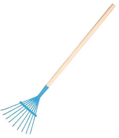 Kinder Gartenrechen Metall mit Holzstiel, Kinder Garten Spielzeug Laub Rechen Fächerbesen (Blau)