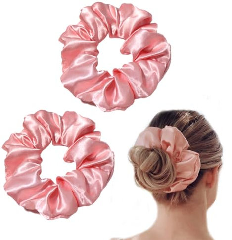 BIRLOZA Scrunchies Haargummi Damen, 2 Stück Weiche Seide Haargummis Mädchen, Premium Satin Invisibobble Scrunchie, Haargummi Scrunchies für Lange Feine Oder Dicke Lockige Haare Mädchen (Rosa)
