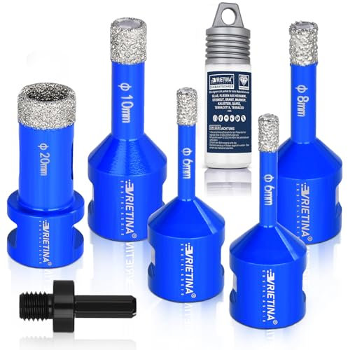 5x Diamant Fliesenbohrer HV 10000+ Härte, 6|6|8|10|20mm M14 Diamantbohrer Glasbohrer Nass Trocken Fliesenbohrkrone für Winkelschleifer, Diamant Bohrkrone Lochsäge von Keramik Marmor, mit HEX Adapter