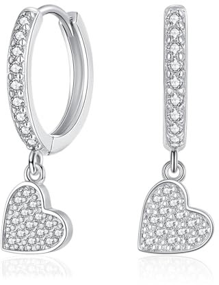Estrellique Damen 925 Sterling Silber Creolen Ohrringe, Kreolen Ohrhänger mit AAAAA Cubic Zirkonia, Kreolen Silber Ohrringe Hängend für Frauen Mädchen, Hypoallergen Creolen Ohrring mit Herz Anhänger