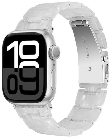 Miimall Bracelet Compatible avec Apple Watch 38/40/41/42mm(Series 10), Strap Résine pour Apple iWatch 10 9 8 7 6 5 4 3 2 1 SE Métal Boucle en Acier Inoxydable Femme Transparent, Boucle Argent
