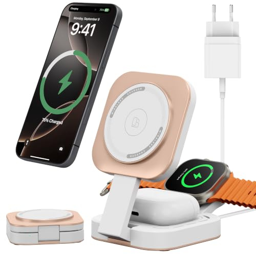 3 in 1 induktive Ladestation für Apple, Faltbarer 3 in 1 kabelloses Ladegerät für Magsafe für iPhone 17/Air/16/15/14/13/12 Serie, Apple Watch Serie, AirPods pro/2/3/4 (Adapter enthalten) (Golden)