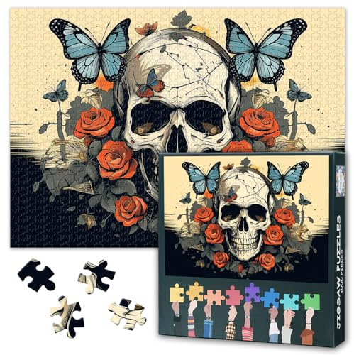 1000-Piece Puzzle - Skull Painting Butterfly and Rose Flowers Jigsaw Puzzles,Halloween Themed Art for Collectible Decor & Unique Presents - 50x70cm