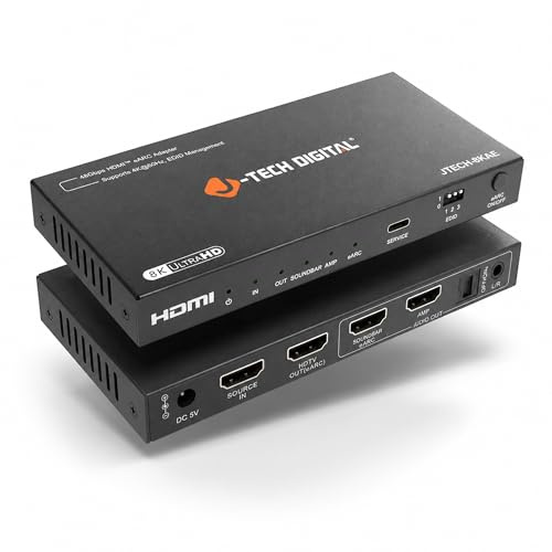 J-Tech Digital 8K HDMI Audio Extractor with eARC ARC 8K 60Hz 4K 120Hz, HDMI to Optical L/R Converter Adapter, HDCP 2.3 HDR CEC EDID [JTECH-8KAE]