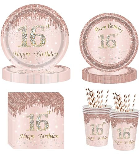 YRsorn 16 Geburtstag Mädchen Partygeschirr - Sweet 16 Partyteller, Pappteller, Becher, Servietten für Deko 16 Geburtstag Mädchen Tischdekoration für 20 Gäste