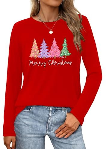 VVNTY Christmas Long Sleeve Shirt for Women Merry Christmas Shirts Funny Xmas Printed Crewneck Top (Red5,M)