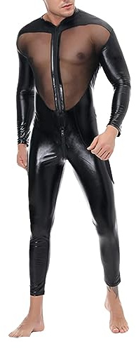 Herren Catsuit Wetlook Lack Leder Overall Männer Mesh Komplett Anzug Langarm Shirts und Lange Hose Einteiler Bodysuit Dessous Slim Fit Sext Muskel Mode Jumpsuit