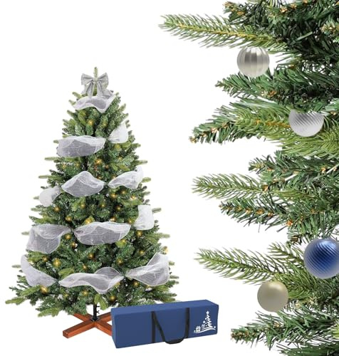 Soontrans Künstlicher Weihnachtsbaum mit Beleuchtung Elva inklv Lichterkette Baumkugeln Dekoband Bogenspitze Aufbewahrungstasche Handschuhe, 750 PE-PVC Zweigen & 100 Warmweiß LEDs mit 8 Modi (150 cm)