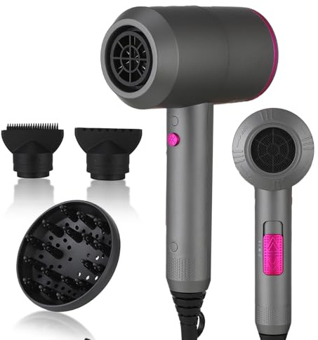 Panana Sèche-Cheveux avec Diffuseur, Sèche-Cheveux pour Cheveux Bouclés Hommes/Femmes, 2 Vitesses 3 Réglages de Chaleur, Bouton Jet Froid, 1 Diffuseur & 2 Concentrateurs (Gris)