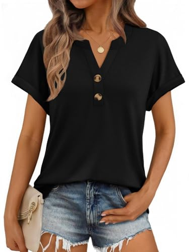 AirMood Women Dressy Casual Short Sleeve T Shirts Summer V Neck Henley Tunic Tshirt Tops (Black,XL)