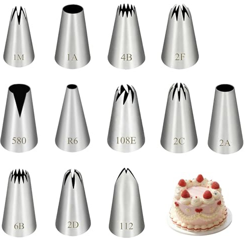12 Pièces Douilles en Acier Inoxydable Réutilisables pour Poche à Douille Patisserie, pour Décoration Créative de Gâteaux, Pâtisseries et Biscuits, pour Pâtissiers Amateurs et Professionnels