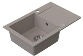 HOMEVELLO Spülbecken PIXANO Einbecken Granitspüle 68x44x20cm Beige, Hochwertige Küchenspüle mit Siphon, Abtropffläche, Pflegeleicht, Kratzfest, Moderne Design, Perfekt für jede Küche