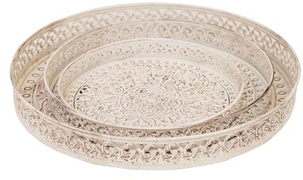 DRULINE Vassoio Rotondo Metallo Casa Campagna Vintage Antico Ripiano Marrone Shabby Chic - Bianco, Set da 3
