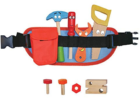 Children’s Wooden Tool Belt: Pretend play, building carpenter construction role play, 9 pieces: hammer, screwdriver, spanner, saw, nuts & bolts, boys, girls, bright colours, fabric adjustable toy belt