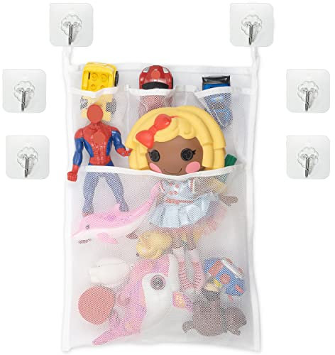 Badewannen Spielzeug Aufbewahrungsnetz, 1 Set, Organizer mit 6 x Klebehaken, aus Polyester, zur Trocknung von Spielsachen, Netz zum Aufhängen, Spielzeugnetz Badewanne, Badewannenspielzeug Aufbewahrung